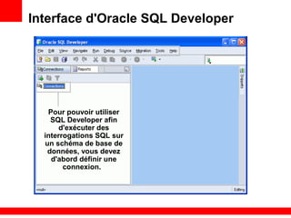 Interface d'Oracle SQL Developer
Pour pouvoir utiliser
SQL Developer afin
d'exécuter des
interrogations SQL sur
un schéma de base de
données, vous devez
d'abord définir une
connexion.
 