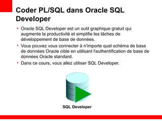 I - 35
Coder PL/SQL dans Oracle SQL
Developer
• Oracle SQL Developer est un outil graphique gratuit qui
augmente la productivité et simplifie les tâches de
développement de base de données.
• Vous pouvez vous connecter à n'importe quel schéma de base
de données Oracle cible en utilisant l'authentification de base de
données Oracle standard.
• Dans ce cours, vous allez utiliser SQL Developer.
SQL Developer
 