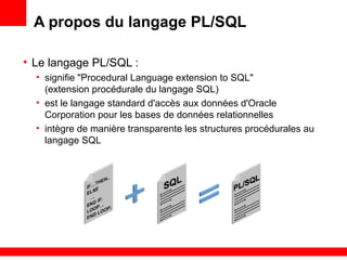 1 - 39
A propos du langage PL/SQL
• Le langage PL/SQL :
• signifie "Procedural Language extension to SQL"
(extension procédurale du langage SQL)
• est le langage standard d'accès aux données d'Oracle
Corporation pour les bases de données relationnelles
• intègre de manière transparente les structures procédurales au
langage SQL
 