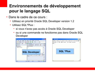 Environnements de développement
pour le langage SQL
• Dans le cadre de ce cours :
• Utilisez en priorité Oracle SQL Developer version 1.2
• Utilisez SQL*Plus :
• si vous n'avez pas accès à Oracle SQL Developer
• ou si une commande ne fonctionne pas dans Oracle SQL
Developer
SQL Developer SQL *Plus
 