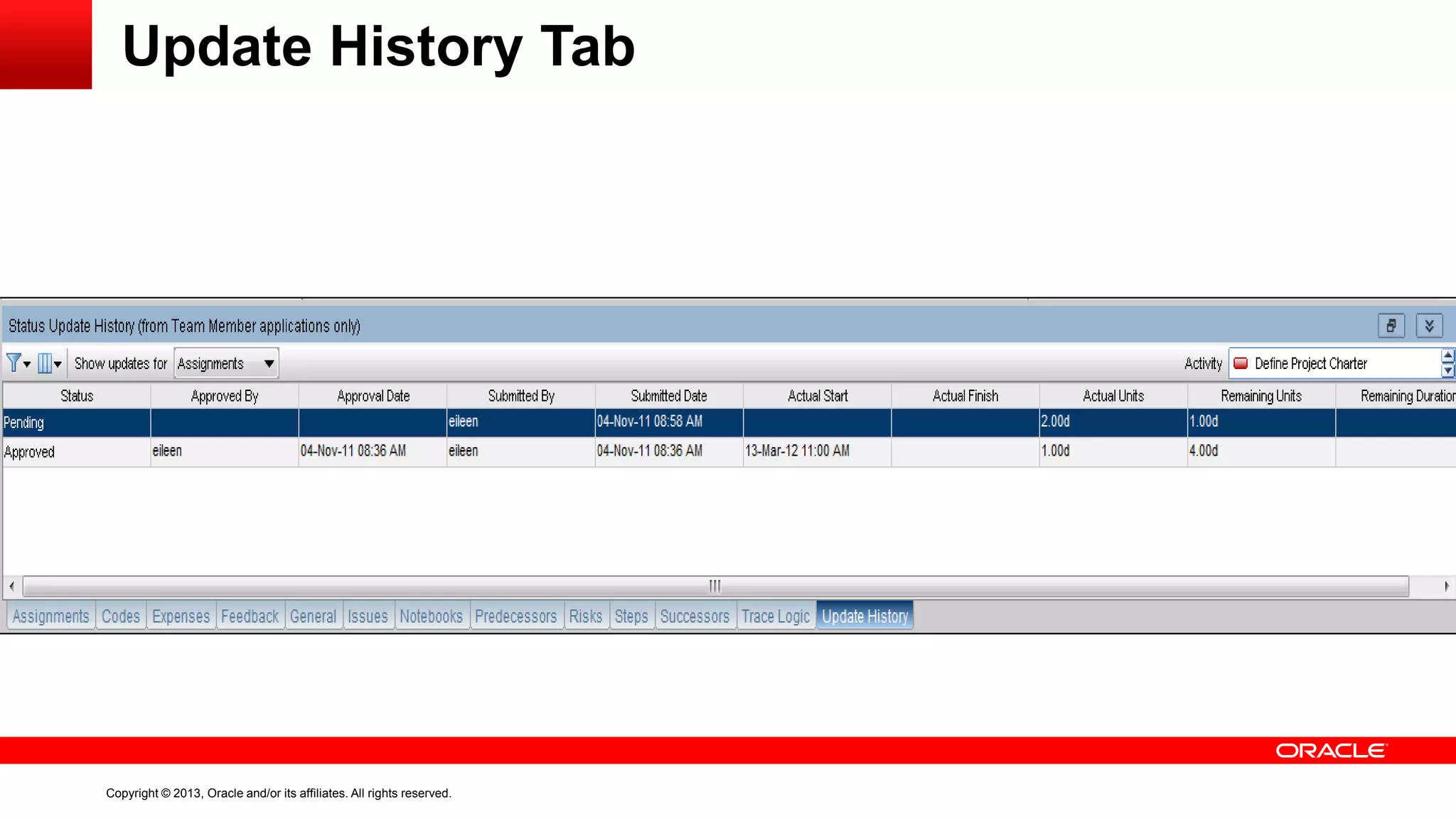 Copyright © 2013, Oracle and/or its affiliates. All rights reserved.
Update History Tab
 