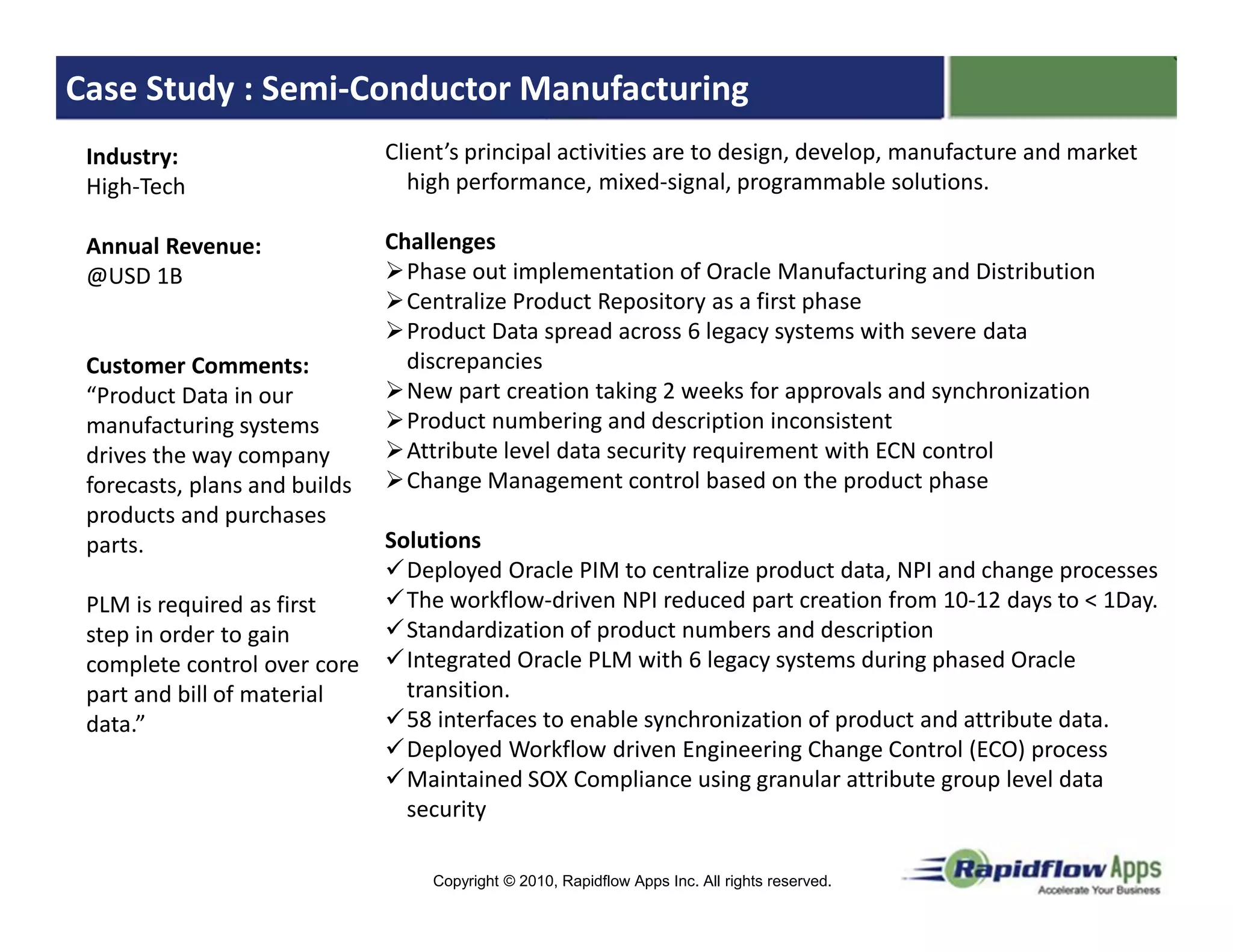 Case Study : Semi-Conductor Manufacturing
 Industry:                     Client’s principal activities are to design, develop, manufacture and market
 High-Tech                       high performance, mixed-signal, programmable solutions.

 Annual Revenue:               Challenges
 @USD 1B                         Phase out implementation of Oracle Manufacturing and Distribution
                                 Centralize Product Repository as a first phase
                                 Product Data spread across 6 legacy systems with severe data
 Customer Comments:              discrepancies
 “Product Data in our            New part creation taking 2 weeks for approvals and synchronization
 manufacturing systems           Product numbering and description inconsistent
 drives the way company          Attribute level data security requirement with ECN control
 forecasts, plans and builds     Change Management control based on the product phase
 products and purchases
 parts.                        Solutions
                                 Deployed Oracle PIM to centralize product data, NPI and change processes
 PLM is required as first        The workflow-driven NPI reduced part creation from 10-12 days to < 1Day.
 step in order to gain           Standardization of product numbers and description
 complete control over core      Integrated Oracle PLM with 6 legacy systems during phased Oracle
 part and bill of material       transition.
 data.”                          58 interfaces to enable synchronization of product and attribute data.
                                 Deployed Workflow driven Engineering Change Control (ECO) process
                                 Maintained SOX Compliance using granular attribute group level data
                                 security

                                   Copyright © 2010, Rapidflow Apps Inc. All rights reserved.
 
