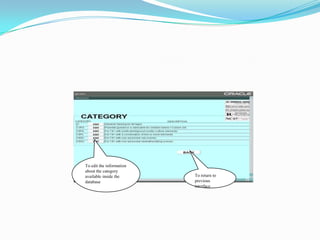 To edit the information about the category available inside the databaseTo return to previous interface