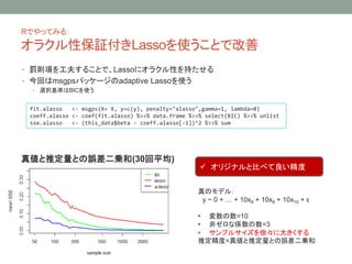 RǤäƤߤ룺
饯Ա^LassoʹȤǸ
? Pt헤򹤷򤹤뤳ȤǡLasso˥饯Ԥ֤
? ؤmsgpsѥå`adaptive Lassoʹ
? xkʤBICʹ
fit.alasso <- msgps(X= X, y=c(y), penalty="alasso",gamma=1, lambda=0)
coeff.alasso <- coef(fit.alasso) %>>% data.frame %>>% select(BIC) %>>% unlist
sse.alasso <- (this_data$beta - coeff.alasso[-1])^2 %>>% sum
悎ƶȤ`\(30ƽ)
? ꥸʥȱȤ٤
Υǥ룺
y ~ 0 +  + 10x8 + 10x9 + 10x10 + 
? =10
? ǥʂS=3
? ץ륵졩˴󤭤
ƶ=悎ƶȤ`\
 