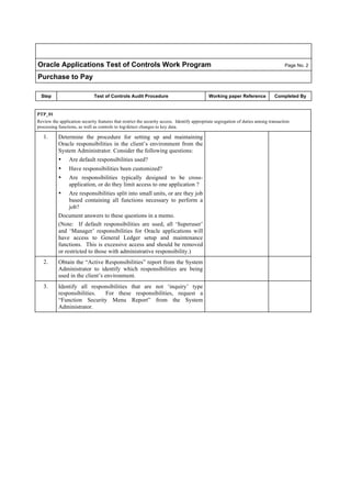 Oracle Applications Test of Controls Work Program Page No. 2
Purchase to Pay
Step Test of Controls Audit Procedure Working paper Reference Completed By
PTP_01
Review the application security features that restrict the security access. Identify appropriate segregation of duties among transaction
processing functions, as well as controls to log/detect changes to key data.
1. Determine the procedure for setting up and maintaining
Oracle responsibilities in the client’s environment from the
System Administrator. Consider the following questions:
• Are default responsibilities used?
• Have responsibilities been customized?
• Are responsibilities typically designed to be cross-
application, or do they limit access to one application ?
• Are responsibilities split into small units, or are they job
based containing all functions necessary to perform a
job?
Document answers to these questions in a memo.
(Note: If default responsibilities are used, all ‘Superuser’
and ‘Manager’ responsibilities for Oracle applications will
have access to General Ledger setup and maintenance
functions. This is excessive access and should be removed
or restricted to those with administrative responsibility.)
2. Obtain the “Active Responsibilities” report from the System
Administrator to identify which responsibilities are being
used in the client’s environment.
3. Identify all responsibilities that are not ‘inquiry’ type
responsibilities. For these responsibilities, request a
“Function Security Menu Report” from the System
Administrator.
 