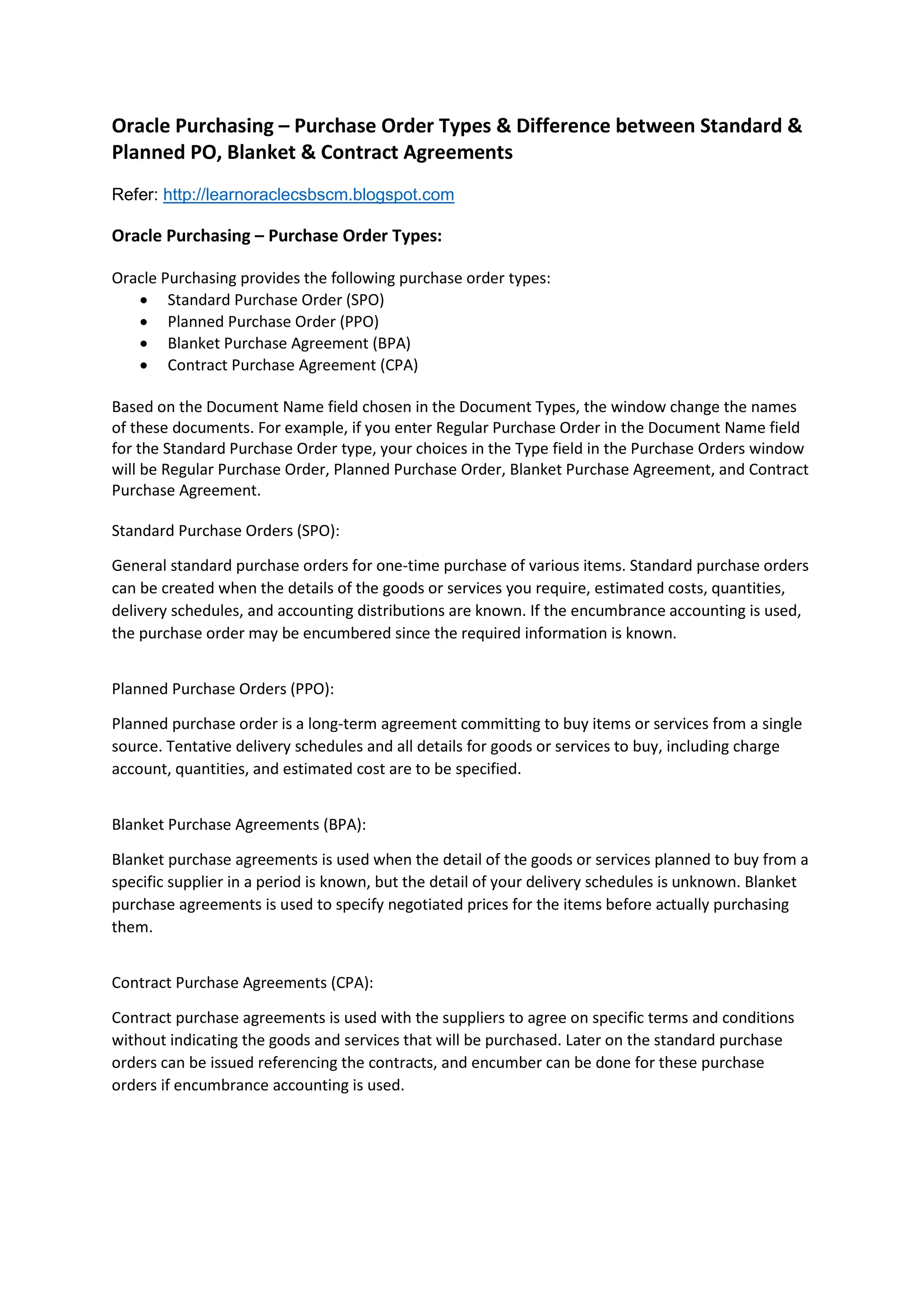 Oracle Purchasing Purchase Order Types & Difference between Standard