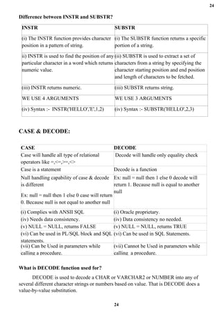 24
24
Difference between INSTR and SUBSTR?
INSTR SUBSTR
(i) The INSTR function provides character
position in a pattern of string.
(i) The SUBSTR function returns a specific
portion of a string.
ii) INSTR is used to find the position of any
particular character in a word which returns
numeric value.
(ii) SUBSTR is used to extract a set of
characters from a string by specifying the
character starting position and end position
and length of characters to be fetched.
(iii) INSTR returns numeric. (iii) SUBSTR returns string.
WE USE 4 ARGUMENTS WE USE 3 ARGUMENTS
(iv) Syntax :- INSTR('HELLO','E',1,2) (iv) Syntax :- SUBSTR('HELLO',2,3)
CASE & DECODE:
CASE DECODE
Case will handle all type of relational
operators like =,<=,>=,<>
Decode will handle only equality check
Case is a statement Decode is a function
Null handling capability of case & decode
is different
Ex: null = null then 1 else 0 case will return
0. Because null is not equal to another null
Ex: null = null then 1 else 0 decode will
return 1. Because null is equal to another
null
(i) Complies with ANSII SQL (i) Oracle proprietary.
(iv) Needs data consistency. (iv) Data consistency no needed.
(v) NULL = NULL, returns FALSE (v) NULL = NULL, returns TRUE
(vi) Can be used in PL/SQL block and SQL
statements.
(vi) Can be used in SQL Statements.
(vii) Can be Used in parameters while
calling a procedure.
(vii) Cannot be Used in parameters while
calling a procedure.
What is DECODE function used for?
DECODE is used to decode a CHAR or VARCHAR2 or NUMBER into any of
several different character strings or numbers based on value. That is DECODE does a
value-by-value substitution.
 