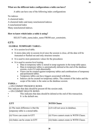 38
38
What are the different index configurations a table can have?
A table can have one of the following index configurations
No indexes
A clustered index
A clustered index and many nonclustered indexes
A nonclustered index
Many nonclustered indexes.
How to know which index a table is using?
SELECT table_name,index_name FROM user_constraints.
GTT:
GLOBAL TEMPOARY TABLE:-
• It is session level table.
• It stores data only in session level once the session is close, all the data will be
truncated or flushed out and only structure remains
• It is used to store parameters values for the procedures
• It is used to session level testing.
• Data in temporary table is stored in temp segments in the temp table space.
• Data in temporary tables is automatically deleted at the end of the database
session, even if it ends abnormally.
• Views can be created against temporary tables and combinations of temporary
and permanent tables.
• Temporary tables can have triggers associated with them.
• Indexes can be created on temporary tables. The content of the index and the
scope of the index is the same as the database session.
TYPES :-
→ ON COMMIT PRESERVE ROWS
This indicates that data should be present till the session ends.
→ ON COMMIT DELETE ROWS
• This indicates that data should be deleted at the end of this transaction.
• It is the default one.
GTT WITH Clause
(i) The main difference is that the
temporary table is a stored table.
(i) It will not saves in database.
(ii) Views can create in GTT (ii) Views cannot create in WITH Clause.
(iii) Index can be create in GTT (iii) Index cannot create in WITH Clause.
 