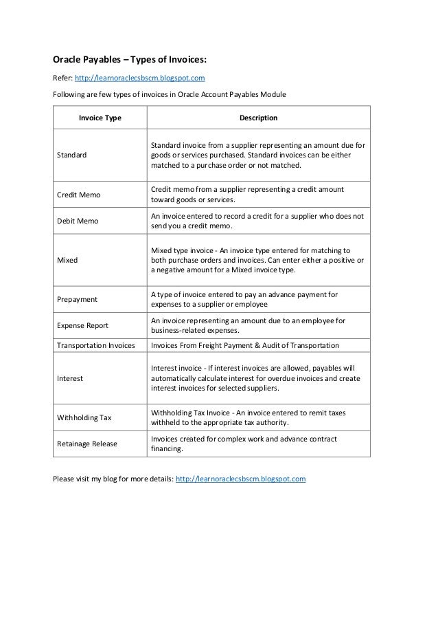 Oracle R12 Payables Types of Invoices
