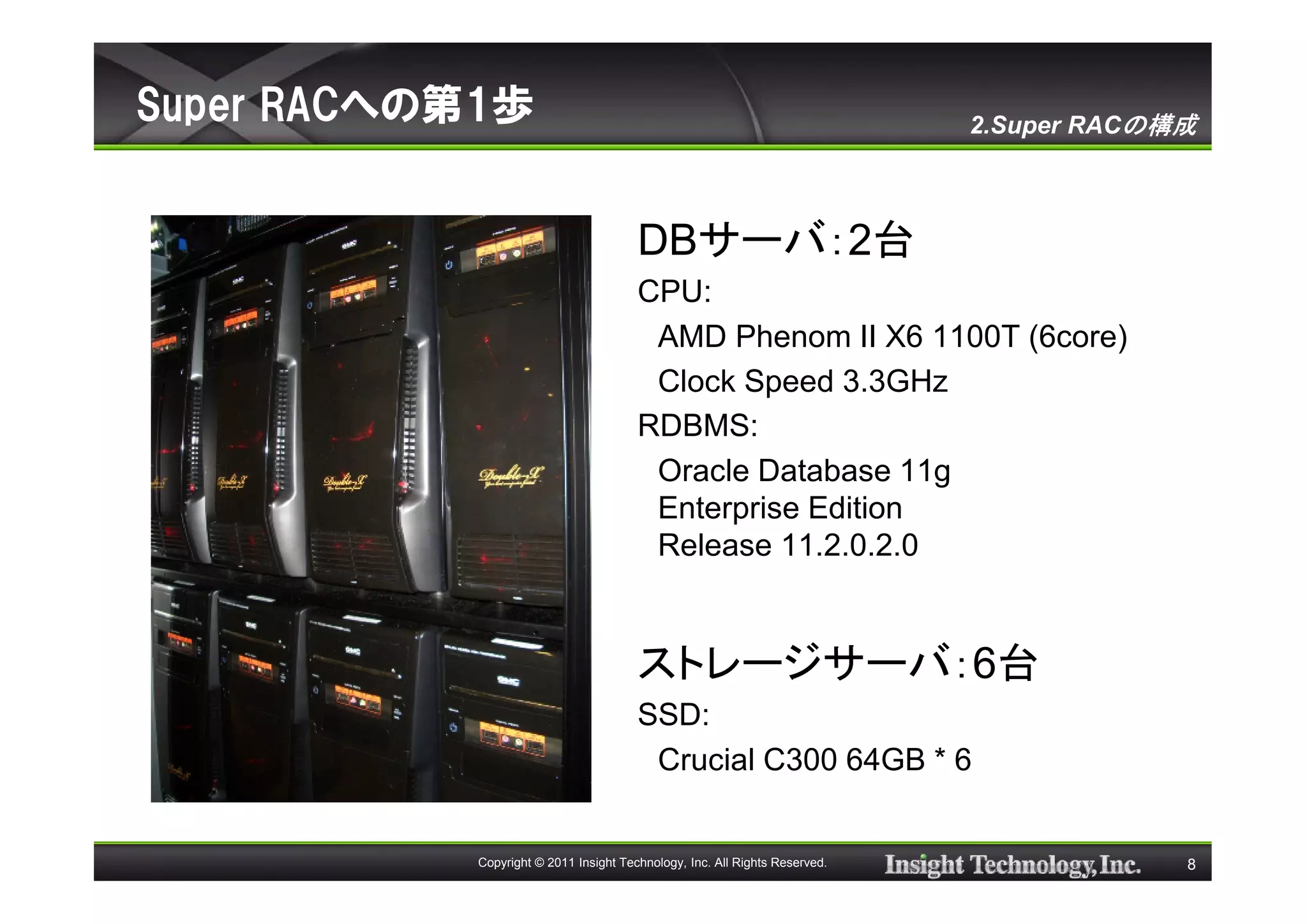Super RACへの第1歩                                                               2.Super RACの構成



                                        DBサーバ：2台
                                        CPU:
                                         AMD Phenom II X6 1100T (6core)
                                         Clock Speed 3.3GHz
                                        RDBMS:
                                         Oracle Database 11g
                                         Enterprise Edition
                                         Release 11.2.0.2.0


                                        ストレージサーバ：6台
                                        SSD:
                                         Crucial C300 64GB * 6


            Copyright © 2011 Insight Technology, Inc. All Rights Reserved.                8
 