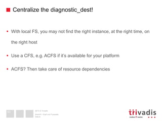 2013 © Trivadis
Centralize the diagnostic_dest!
 With local FS, you may not find the right instance, at the right time, on
the right host
 Use a CFS, e.g. ACFS if it’s available for your platform
 ACFS? Then take care of resource dependencies
Datum
Ansicht > Kopf und Fusszeile
63
 