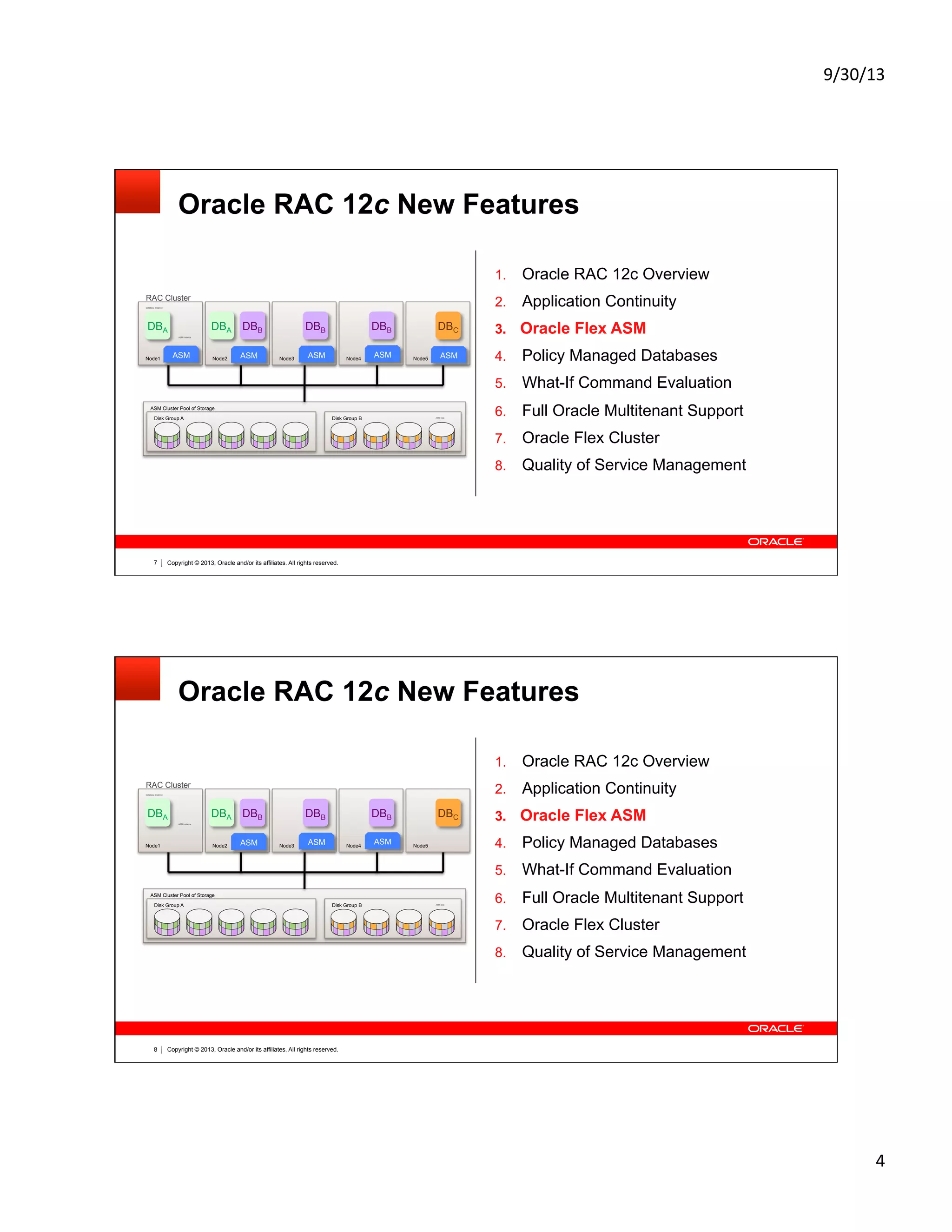 9/30/13	
  
4	
  
Copyright © 2013, Oracle and/or its affiliates. All rights reserved.7
Oracle RAC 12c New Features
1.  Oracle RAC 12c Overview
2.  Application Continuity
3.  Oracle Flex ASM
4.  Policy Managed Databases
5.  What-If Command Evaluation
6.  Full Oracle Multitenant Support
7.  Oracle Flex Cluster
8.  Quality of Service Management
ASM Cluster Pool of Storage
Disk Group BDisk Group A
ASM Instance
Database Instance
ASM Disk
RAC Cluster
Node4Node3Node2Node1 Node5ASM ASM ASM ASM ASM
ASM Instance
Database Instance
DBA DBA DBCDBB DBBDBB
Copyright © 2013, Oracle and/or its affiliates. All rights reserved.8
Oracle RAC 12c New Features
ASM Cluster Pool of Storage
Disk Group BDisk Group A
ASM Instance
Database Instance
ASM Disk
RAC Cluster
Node4Node3Node2Node1 Node5ASM ASM ASM
ASM Instance
Database Instance
DBA DBA DBCDBB DBBDBB
1.  Oracle RAC 12c Overview
2.  Application Continuity
3.  Oracle Flex ASM
4.  Policy Managed Databases
5.  What-If Command Evaluation
6.  Full Oracle Multitenant Support
7.  Oracle Flex Cluster
8.  Quality of Service Management
 