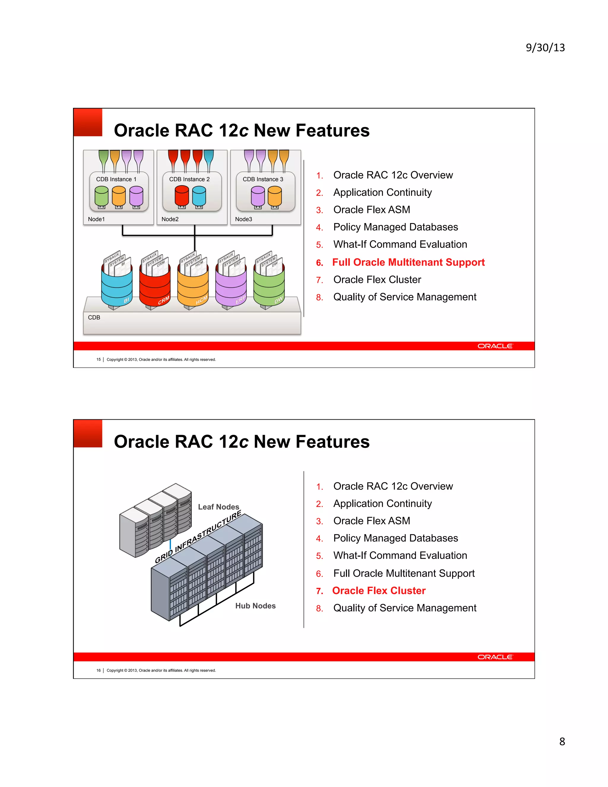 9/30/13	
  
8	
  
Copyright © 2013, Oracle and/or its affiliates. All rights reserved.15
Oracle RAC 12c New Features
1.  Oracle RAC 12c Overview
2.  Application Continuity
3.  Oracle Flex ASM
4.  Policy Managed Databases
5.  What-If Command Evaluation
6.  Full Oracle Multitenant Support
7.  Oracle Flex Cluster
8.  Quality of Service Management
Node3Node2Node1
CDB
CDB Instance 1 CDB Instance 2 CDB Instance 3
Copyright © 2013, Oracle and/or its affiliates. All rights reserved.16
Oracle RAC 12c New Features
1.  Oracle RAC 12c Overview
2.  Application Continuity
3.  Oracle Flex ASM
4.  Policy Managed Databases
5.  What-If Command Evaluation
6.  Full Oracle Multitenant Support
7.  Oracle Flex Cluster
8.  Quality of Service ManagementHub Nodes
Leaf Nodes
 
