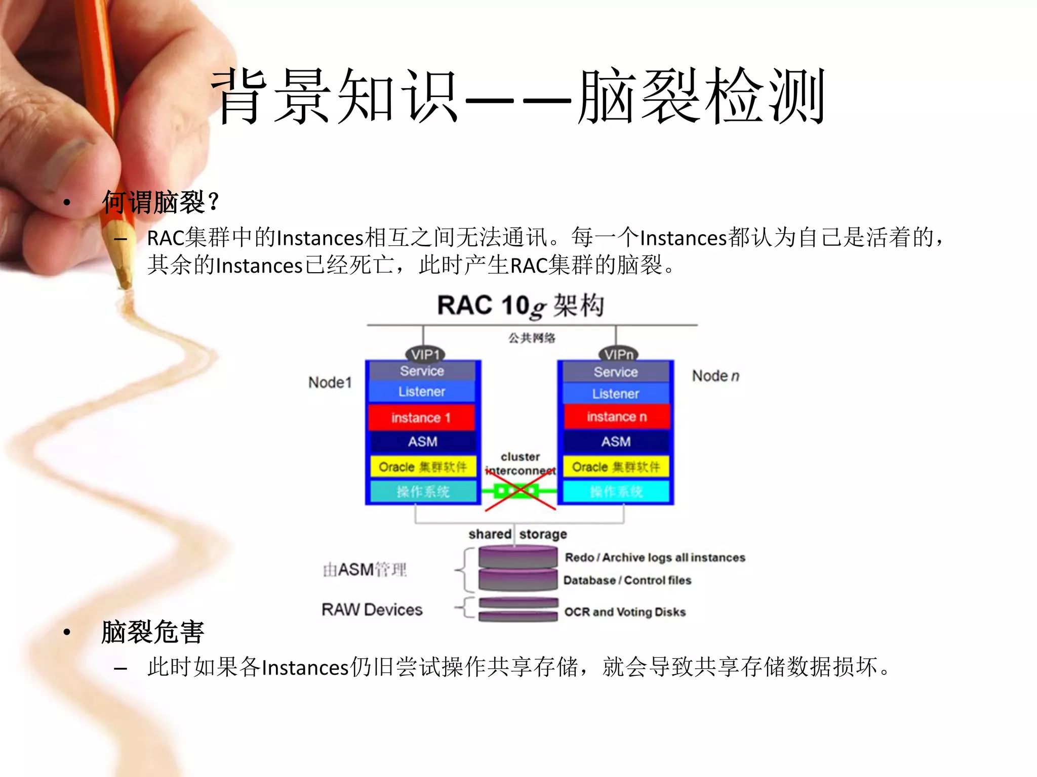 背景知识——脑裂检测
•   何谓脑裂？
    – RAC集群中的Instances相互之间无法通讯。每一个Instances都认为自己是活着的，
      其余的Instances已经死亡，此时产生RAC集群的脑裂。




•   脑裂危害
    – 此时如果各Instances仍旧尝试操作共享存储，就会导致共享存储数据损坏。
 