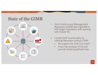 • Grid Infrastructure Management
Repository (GIMR) aka mgmtDB is
NO longer mandatory with starting
with Oracle 19c
• Limited AHF functionality by
utilizing filesystem without GIMR
• No support for CHA GUI chactl
• Trace File Analyzer (TFA) will
provide limited graphical view
State of the GIMR
 