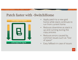 • Apply patch to a new grid
home while stack continues to
run from current home
• Reduces downtime as stack is
up and running during the
copy process
• Reduces errors caused by
common issues such as “Out
of space”
• Easy fallback in case of issues
Patch faster with -SwitchHome
/u01/app/19.0/grid
/u01/app/19.3/grid
 
