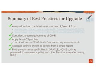 Summary of Best Practices for Upgrade
Always download the latest version of orachk/exachk from
• https://support.oracle.com/epmos/faces/DocContentDisplay?id=1268927.2
• https://support.oracle.com/epmos/faces/DocContentDisplay?id=1070954.1
Consider storage requirements of GIMR
Apply latest OS patches
• orachk includes the DBSAT (Oracle Database security assessment tool)
Add user defined checks to benefit from a single report
Find environment specific files in ORACLE_HOME such as
password, tnsnames.ora, pfile) and other files that may affect using
ROOH
 