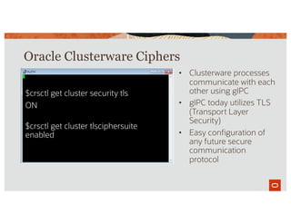 • Clusterware processes
communicate with each
other using gIPC
• gIPC today utilizes TLS
(Transport Layer
Security)
• Easy configuration of
any future secure
communication
protocol
Oracle Clusterware Ciphers
$crsctl get cluster security tls
ON
$crsctl get cluster tlsciphersuite
enabled
 