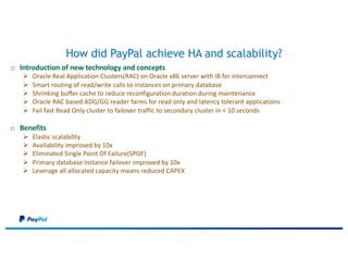 How did PayPal achieve HA and scalability?
o Introduction of new technology and concepts
Ø Oracle Real Application Clusters(RAC) on Oracle x86 server with IB for interconnect
Ø Smart routing of read/write calls to instances on primary database
Ø Shrinking buffer cache to reduce reconfiguration duration during maintenance
Ø Oracle RAC based ADG/GG reader farms for read only and latency tolerant applications
Ø Fail fast Read Only cluster to failover traffic to secondary cluster in < 10 seconds
o Benefits
Ø Elastic scalability
Ø Availability improved by 10x
Ø Eliminated Single Point Of Failure(SPOF)
Ø Primary database Instance failover improved by 10x
Ø Leverage all allocated capacity means reduced CAPEX
 