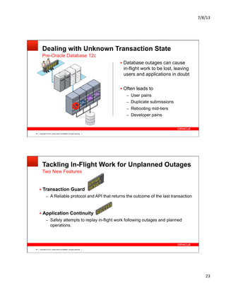 7/8/13	
  
23	
  
Copyright © 2012, Oracle and/or its affiliates. All rights reserved.49
Dealing with Unknown Transaction State
CRM	
  
Pre-Oracle Database 12c
§  Database outages can cause
in-flight work to be lost, leaving
users and applications in doubt
§  Often leads to
–  User pains
–  Duplicate submissions
–  Rebooting mid-tiers
–  Developer pains
DBA
DBA
DBB
DBB
Copyright © 2012, Oracle and/or its affiliates. All rights reserved.50
Tackling In-Flight Work for Unplanned Outages
§  Transaction Guard
–  A Reliable protocol and API that returns the outcome of the last transaction
§  Application Continuity
–  Safely attempts to replay in-flight work following outages and planned
operations.
Two New Features
 