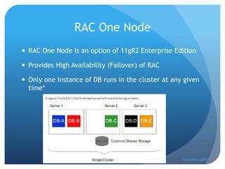 RAC One Node
 RAC One Node is an option of 11gR2 Enterprise Edition

 Provides High Availability (Failover) of RAC

 Only one instance of DB runs in the cluster at any given
  time*




                                                    VirtaThon 2011
 