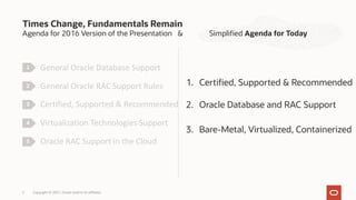 Agenda for 2016 Version of the Presentation & Simplified Agenda for Today
1. Certified, Supported & Recommended
2. Oracle Database and RAC Support
3. Bare-Metal, Virtualized, Containerized
Times Change, Fundamentals Remain
Copyright © 2021, Oracle and/or its affiliates
2
General Oracle Database Support
General Oracle RAC Support Rules
Certified, Supported & Recommended
Virtualization Technologies Support
Oracle RAC Support in the Cloud
1
2
3
4
5
 