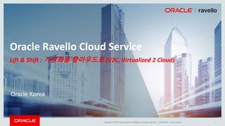 Copyright © 2016, Oracle and/or its affiliates. All rights reserved. |
Oracle Ravello Cloud Service
Confidential – Oracle Internal 1
Lift & Shift : 가상화를 클라우드로 (V2C, Virtualized 2 Cloud)
Oracle Korea
 