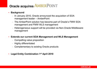 Oracle acquires
• Background
   – In January 2010, Oracle announced the acquisition of SOA
     management leader – AmberPoint
   – The AmberPoint solution has become part of Oracle’s FMW SOA
     management and FMW WLS management
   – Heterogeneous support will be provided via Non-Oracle Middleware
     management

• Extends our current SOA Management and WLS Management
   – Compelling value proposition
   – Highly differentiated
   – Complementary to existing Oracle products


• Legal Entity Combination 1st April 2010
 