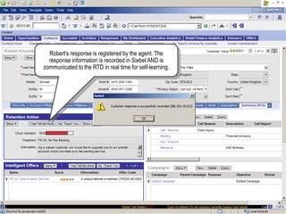 Robert‟s response is registered by the agent. The
response information is recorded in Siebel AND is
communicated to the RTD in real time for self-learning.
 