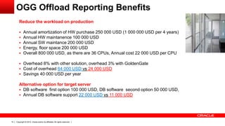 Copyright © 2012, Oracle and/or its affiliates. All rights reserved.14
Reduce the workload on production
 Annual amortization of HW purchase 250 000 USD (1 000 000 USD per 4 years)
 Annual HW maintanence 100 000 USD
 Annual SW maintance 200 000 USD
 Energy, floor space 200 000 USD
 Overall 800 000 USD, as there are 36 CPUs, Annual cost 22 000 USD per CPU
 Overhead 8% with other solution, overhead 3% with GoldenGate
 Cost of overhead 64 000 USD vs 24 000 USD
 Savings 40 000 USD per year
Alternative option for target server
 DB software first option 100 000 USD, DB software second option 50 000 USD,
 Annual DB software support 22 000 USD vs 11 000 USD
OGG Offload Reporting Benefits
 