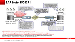 Copyright © 2012, Oracle and/or its affiliates. All rights reserved.18
Analysis
and script
generation
using
PL/SQL
New SAP
implementation
Existing SAP
implementation
Capture
Source Trail
Delivery
Target Trail
Migration scripts are created to
create new DB, table-space and
implement GoldenGate and allow
verification
Installation and commencement of
real-time GoldenGate transactional
data capture does not require
system downtime and has limited
impact on production system
performance (“remote capture” can
be used if needed)
• Minimum Oracle database version for the production system is 9.2.0.8
• Oracle version on the target can be 10.2 or 11.2 and any UNIX, Linux or Windows platform is supported
• All SAP products and solutions where Oracle database is certified are supported (such as R/3, BW, CRM or XI)
• Supplemental Logging must be enabled on the source database prior to Oracle GoldenGate implementation
• The source Oracle database cannot contain any OLTP compressed tables
Oracle 9i or above
Existing Platform
Oracle 11g
New Platform
Migration scripts are executed
against the target/new
implementation and large tables
are transferred directly to new DB
GoldenGate delivery commences
into new database with
optimization to support migration
needs
Final switch over takes place –
SAP tasks are undertaken and
production users move to migrated
system
GoldenGate process can continue
running for as long as needed to
ensure that target system is
optimized for use – no time limits
SAP Note 1508271
 
