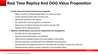 Copyright © 2012, Oracle and/or its affiliates. All rights reserved.26
 Avoids expensive network infrastructure upgrades:
– Moves only the committed changed data on a continuous basis
– Avoids moving the same data more than once
– Allows low overhead on the network
– No need for fibre channel upgrade or investment
– Reduce source system overhead (and costs for stronger HW)
– Reduce TCO for Reporting Server
 Requires minimal labour resources for deployment and management:
– Provides fast and easy deployment
– Requires minimal intervention once deployed
– Offers fast and complete recovery from any outages or interruptions
– Reducing downtime, increasing work force satisfaction and productivity
– Avoiding Data Loss, additional costs from inaccurate data man/days to recover from data loss
– Reduced recovery efforts in events of network or communication failure
Real Time Replica And OGG Value Proposition
 