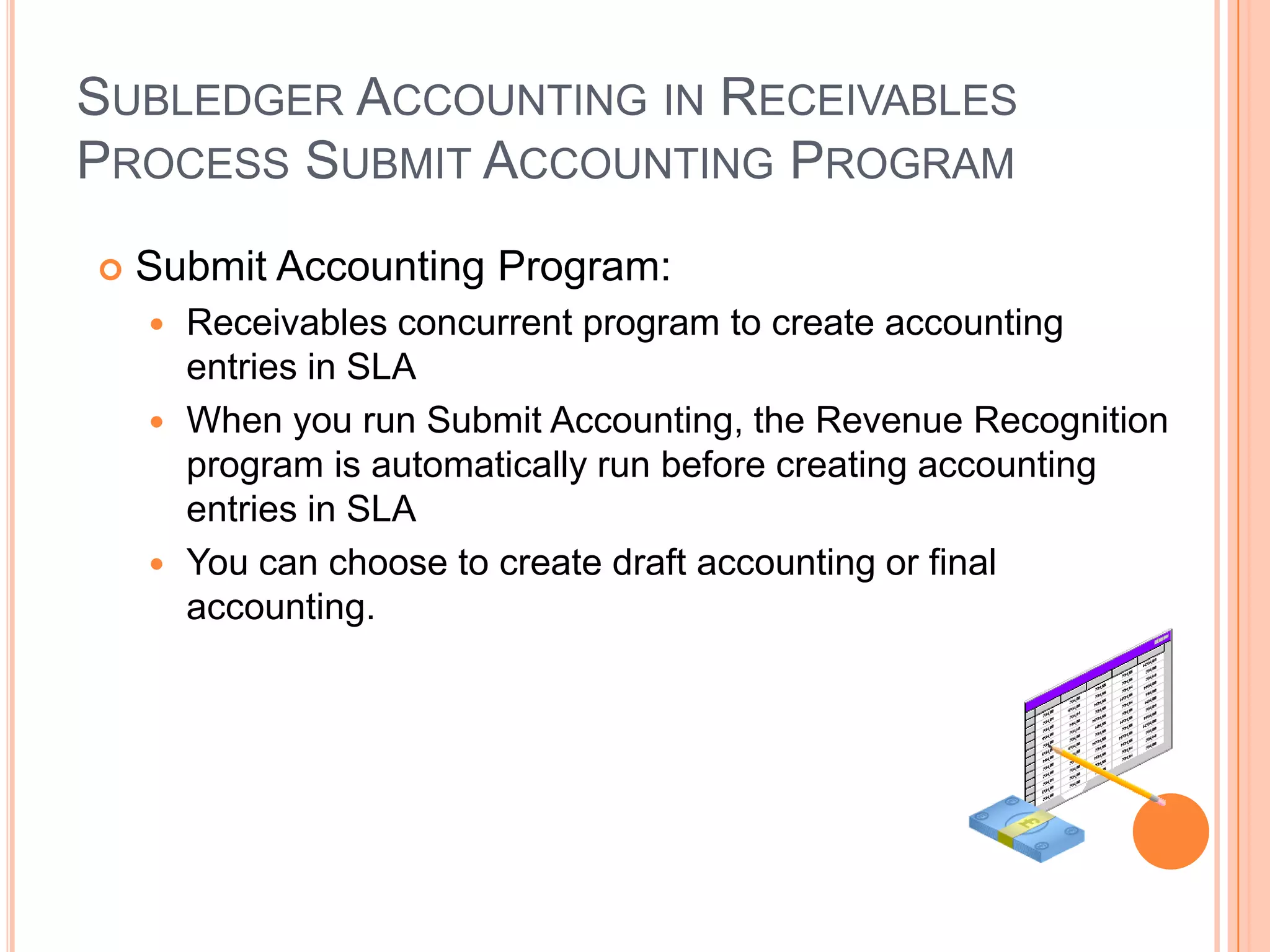 SUBLEDGER ACCOUNTING IN RECEIVABLES
PROCESS SUBMIT ACCOUNTING PROGRAM
   Submit Accounting Program:
     Receivables concurrent program to create accounting
      entries in SLA
     When you run Submit Accounting, the Revenue Recognition
      program is automatically run before creating accounting
      entries in SLA
     You can choose to create draft accounting or final
      accounting.
 