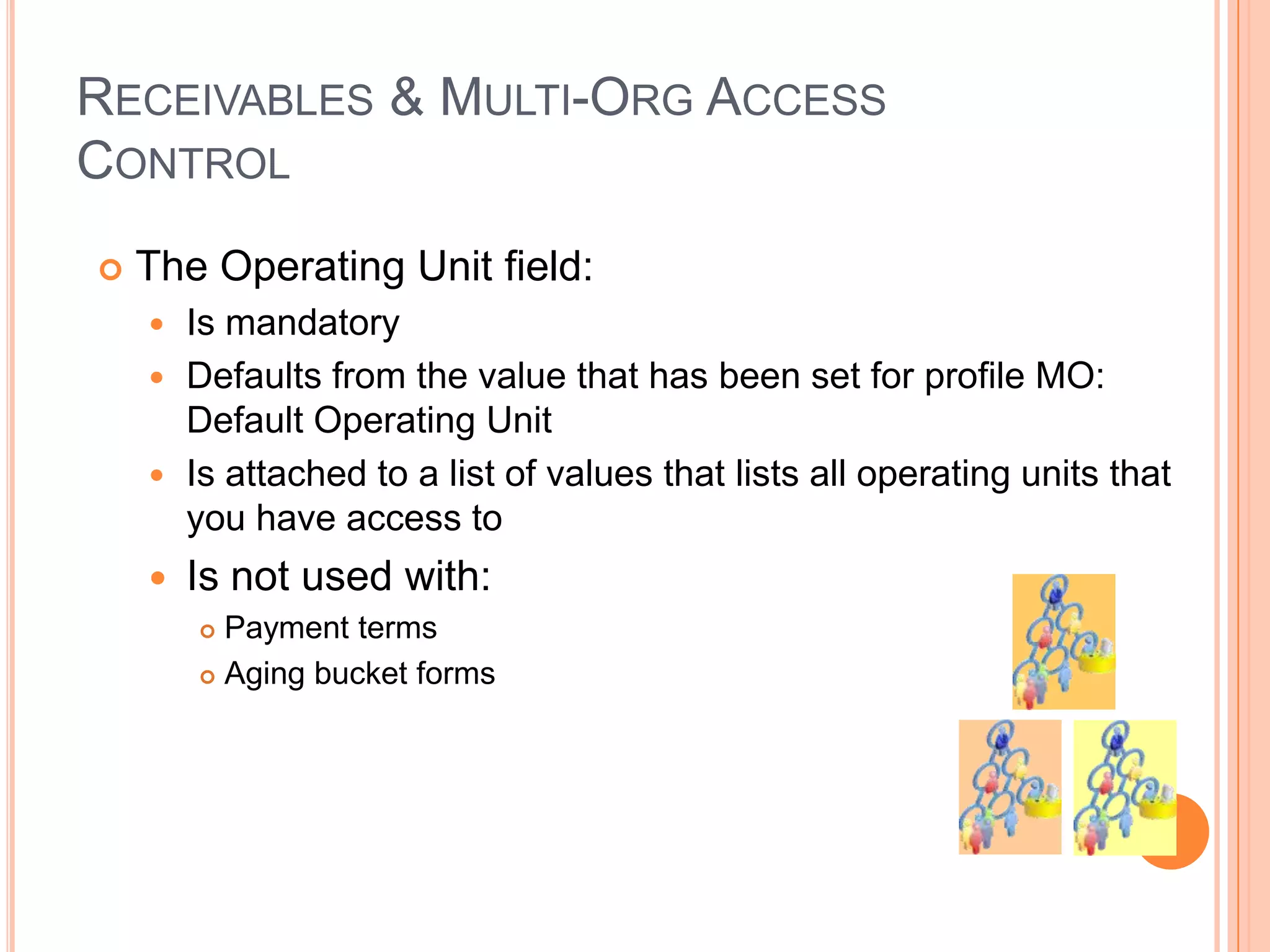 RECEIVABLES & MULTI-ORG ACCESS
CONTROL
   The Operating Unit field:
     Is mandatory
     Defaults from the value that has been set for profile MO:
      Default Operating Unit
     Is attached to a list of values that lists all operating units that
      you have access to
       Is not used with:
         Payment terms
         Aging bucket forms
 