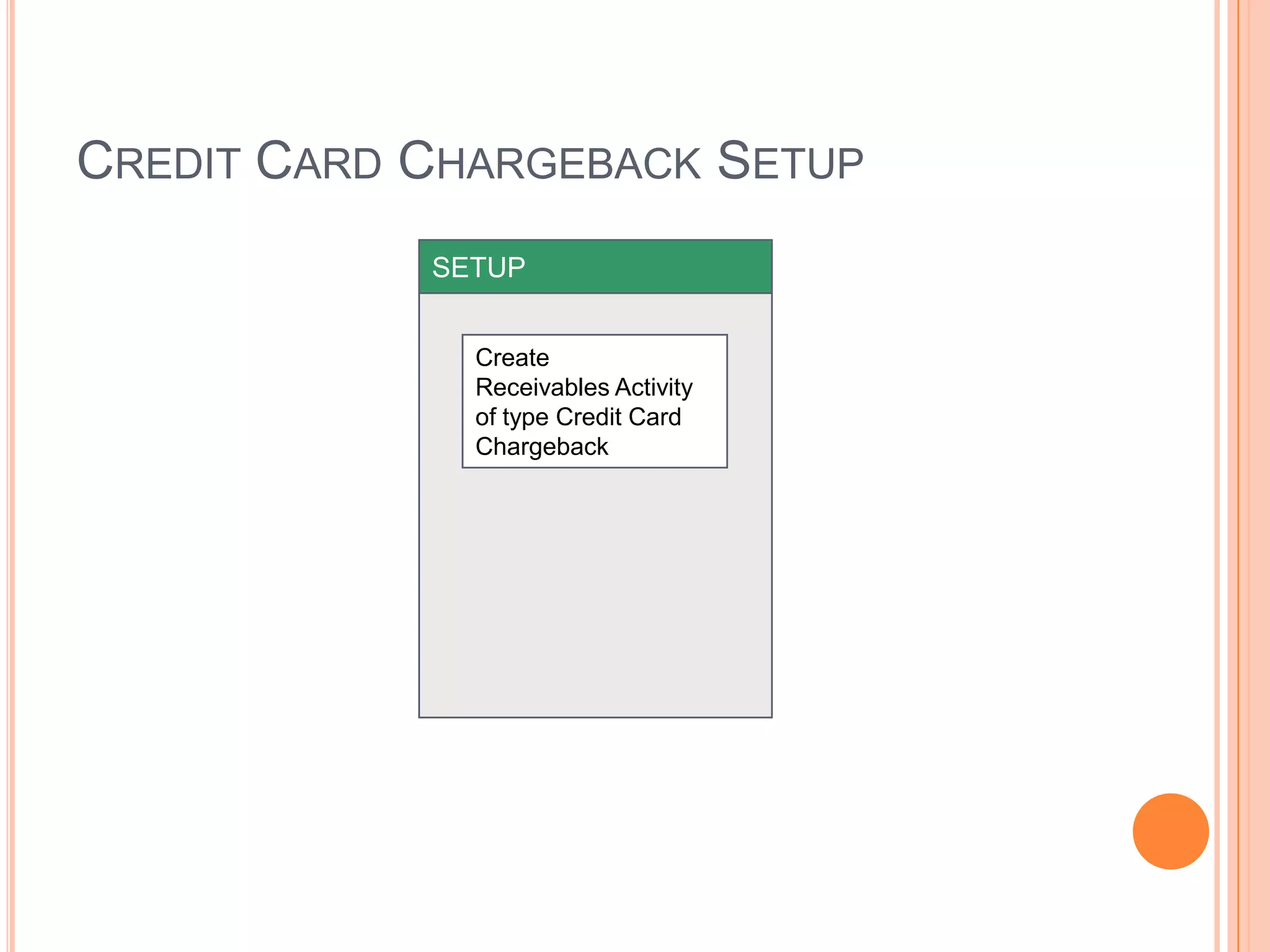 CREDIT CARD CHARGEBACK SETUP
            SETUP


              Create
              Receivables Activity
              of type Credit Card
              Chargeback
 