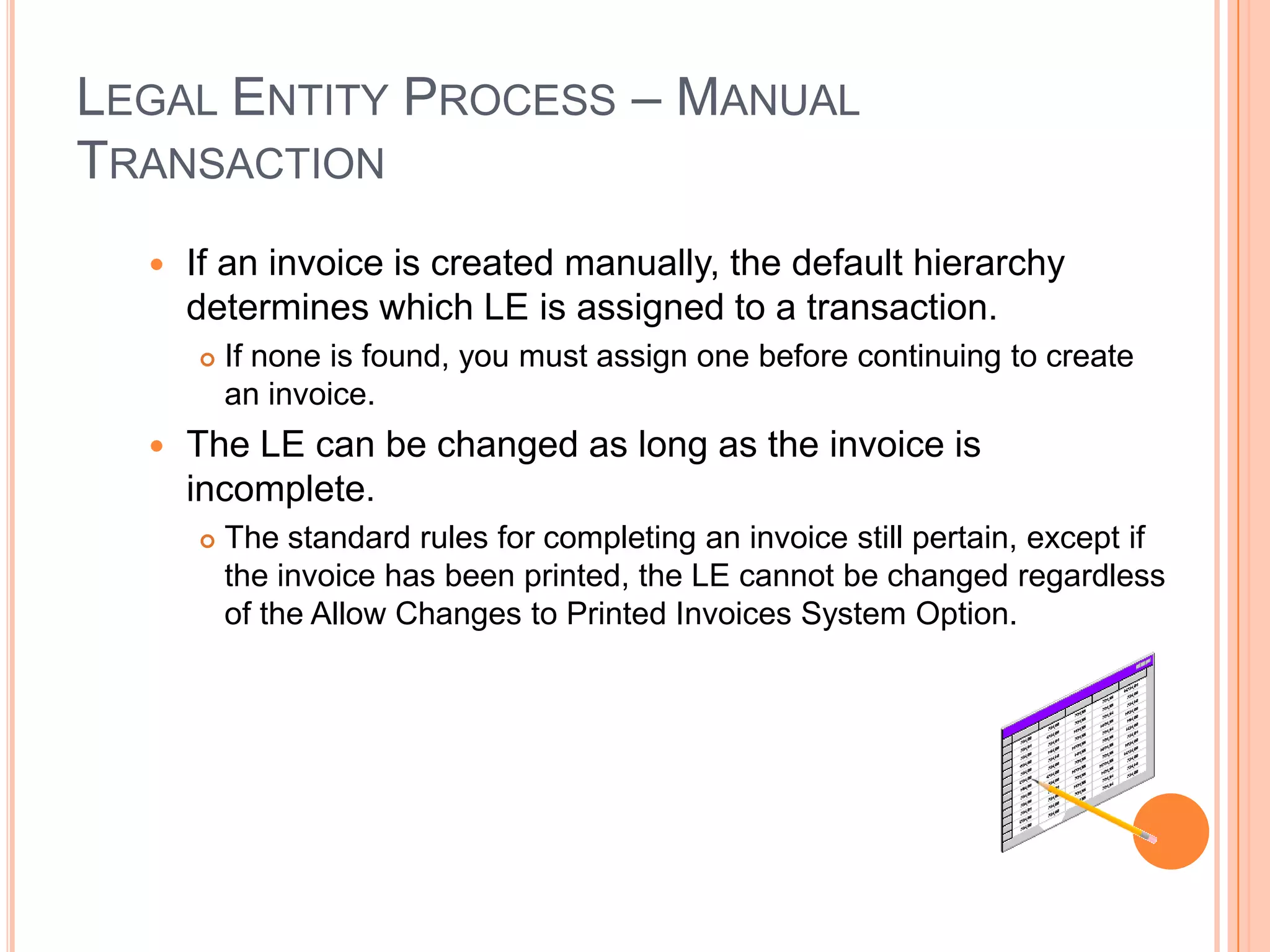 LEGAL ENTITY PROCESS – MANUAL
TRANSACTION
     If an invoice is created manually, the default hierarchy
      determines which LE is assigned to a transaction.
         If none is found, you must assign one before continuing to create
          an invoice.
     The LE can be changed as long as the invoice is
      incomplete.
         The standard rules for completing an invoice still pertain, except if
          the invoice has been printed, the LE cannot be changed regardless
          of the Allow Changes to Printed Invoices System Option.
 