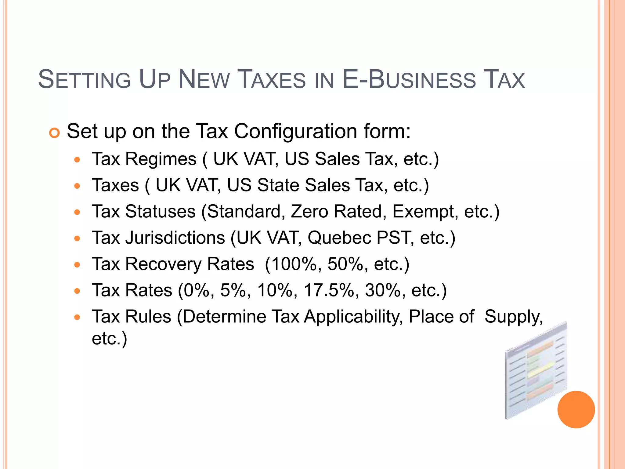 SETTING UP NEW TAXES IN E-BUSINESS TAX
   Set up on the Tax Configuration form:
       Tax Regimes ( UK VAT, US Sales Tax, etc.)
       Taxes ( UK VAT, US State Sales Tax, etc.)
       Tax Statuses (Standard, Zero Rated, Exempt, etc.)
       Tax Jurisdictions (UK VAT, Quebec PST, etc.)
       Tax Recovery Rates (100%, 50%, etc.)
       Tax Rates (0%, 5%, 10%, 17.5%, 30%, etc.)
       Tax Rules (Determine Tax Applicability, Place of Supply,
        etc.)
 