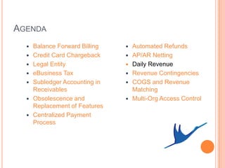 AGENDA
     Balance Forward Billing      Automated Refunds
     Credit Card Chargeback       AP/AR Netting
     Legal Entity                 Daily Revenue
     eBusiness Tax                Revenue Contingencies
     Subledger Accounting in      COGS and Revenue
      Receivables                   Matching
     Obsolescence and             Multi-Org Access Control
      Replacement of Features
     Centralized Payment
      Process
 