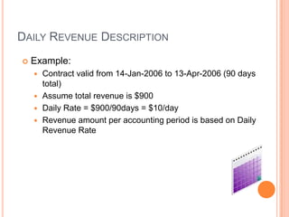 DAILY REVENUE DESCRIPTION
   Example:
     Contract valid from 14-Jan-2006 to 13-Apr-2006 (90 days
      total)
     Assume total revenue is $900
     Daily Rate = $900/90days = $10/day
     Revenue amount per accounting period is based on Daily
      Revenue Rate
 