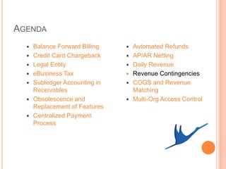 AGENDA
     Balance Forward Billing      Automated Refunds
     Credit Card Chargeback       AP/AR Netting
     Legal Entity                 Daily Revenue
     eBusiness Tax                Revenue Contingencies
     Subledger Accounting in      COGS and Revenue
      Receivables                   Matching
     Obsolescence and             Multi-Org Access Control
      Replacement of Features
     Centralized Payment
      Process
 