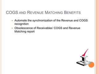 COGS AND REVENUE MATCHING BENEFITS
   Automate the synchronization of the Revenue and COGS
    recognition
   Obsolescence of Receivables‟ COGS and Revenue
    Matching report
 