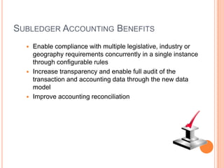 SUBLEDGER ACCOUNTING BENEFITS
   Enable compliance with multiple legislative, industry or
    geography requirements concurrently in a single instance
    through configurable rules
   Increase transparency and enable full audit of the
    transaction and accounting data through the new data
    model
   Improve accounting reconciliation
 