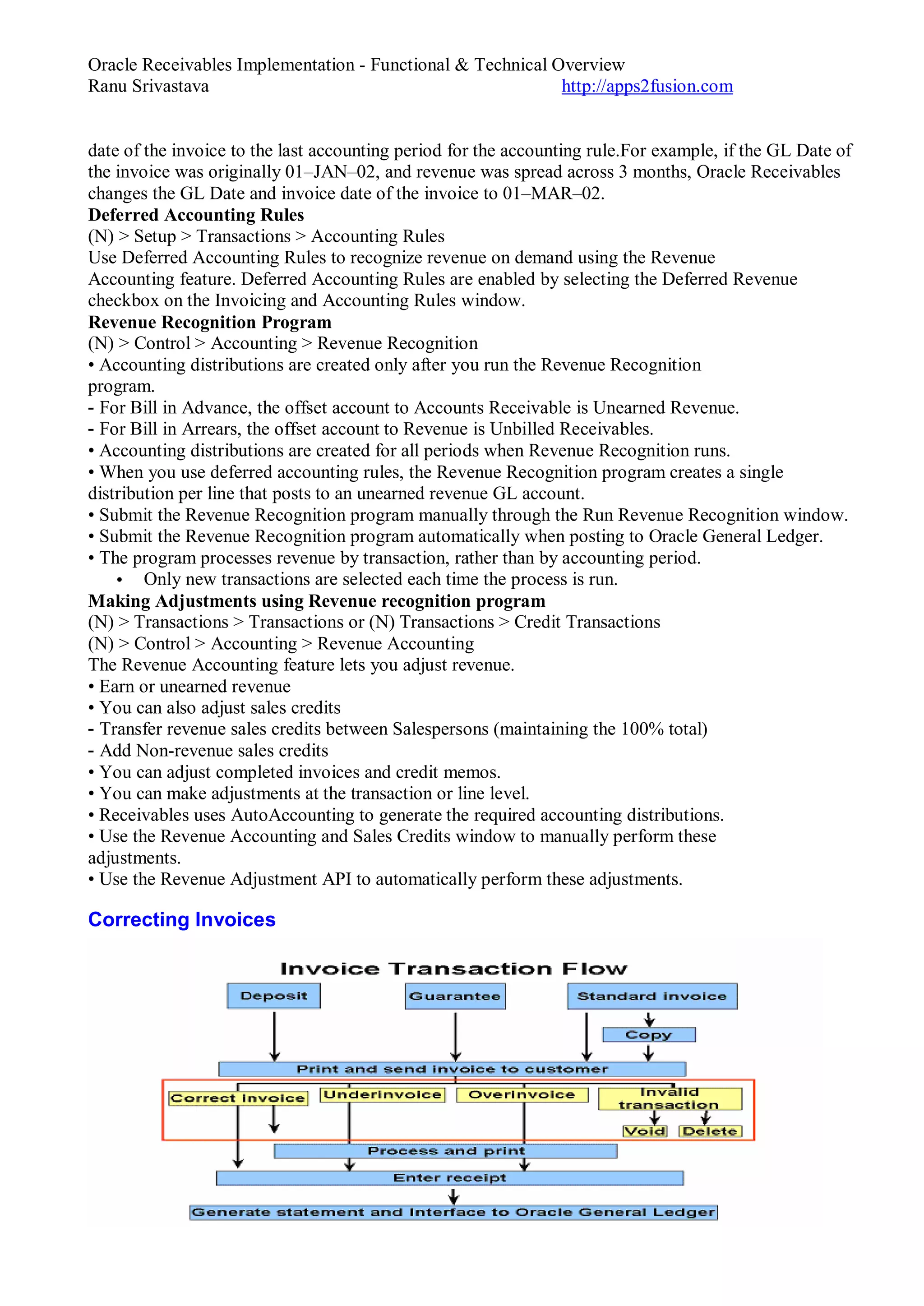 Oracle Receivables Implementation - Functional & Technical Overview
Ranu Srivastava http://apps2fusion.com
date of the invoice to the last accounting period for the accounting rule.For example, if the GL Date of
the invoice was originally 01–JAN–02, and revenue was spread across 3 months, Oracle Receivables
changes the GL Date and invoice date of the invoice to 01–MAR–02.
Deferred Accounting Rules
(N) > Setup > Transactions > Accounting Rules
Use Deferred Accounting Rules to recognize revenue on demand using the Revenue
Accounting feature. Deferred Accounting Rules are enabled by selecting the Deferred Revenue
checkbox on the Invoicing and Accounting Rules window.
Revenue Recognition Program
(N) > Control > Accounting > Revenue Recognition
• Accounting distributions are created only after you run the Revenue Recognition
program.
- For Bill in Advance, the offset account to Accounts Receivable is Unearned Revenue.
- For Bill in Arrears, the offset account to Revenue is Unbilled Receivables.
• Accounting distributions are created for all periods when Revenue Recognition runs.
• When you use deferred accounting rules, the Revenue Recognition program creates a single
distribution per line that posts to an unearned revenue GL account.
• Submit the Revenue Recognition program manually through the Run Revenue Recognition window.
• Submit the Revenue Recognition program automatically when posting to Oracle General Ledger.
• The program processes revenue by transaction, rather than by accounting period.
• Only new transactions are selected each time the process is run.
Making Adjustments using Revenue recognition program
(N) > Transactions > Transactions or (N) Transactions > Credit Transactions
(N) > Control > Accounting > Revenue Accounting
The Revenue Accounting feature lets you adjust revenue.
• Earn or unearned revenue
• You can also adjust sales credits
- Transfer revenue sales credits between Salespersons (maintaining the 100% total)
- Add Non-revenue sales credits
• You can adjust completed invoices and credit memos.
• You can make adjustments at the transaction or line level.
• Receivables uses AutoAccounting to generate the required accounting distributions.
• Use the Revenue Accounting and Sales Credits window to manually perform these
adjustments.
• Use the Revenue Adjustment API to automatically perform these adjustments.
Correcting Invoices
 