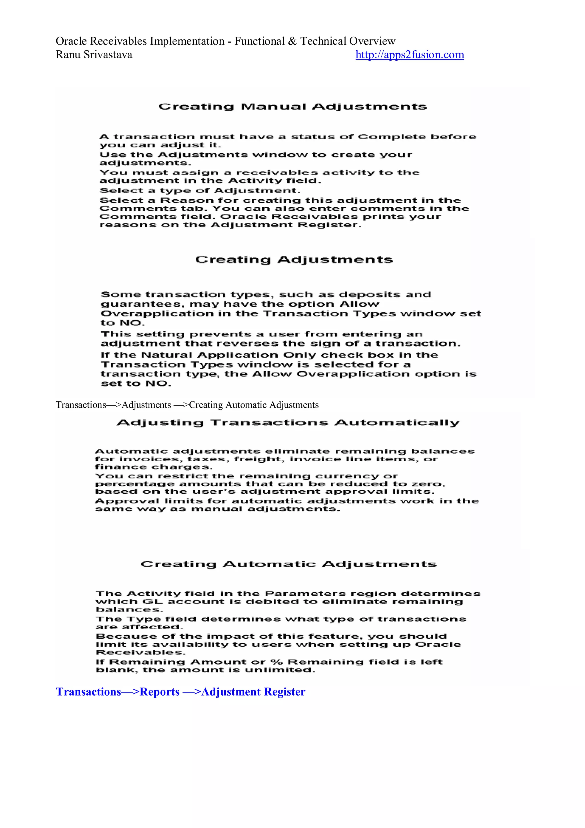 Oracle Receivables Implementation - Functional & Technical Overview
Ranu Srivastava http://apps2fusion.com
Transactions—>Adjustments —>Creating Automatic Adjustments
Transactions—>Reports —>Adjustment Register
 
