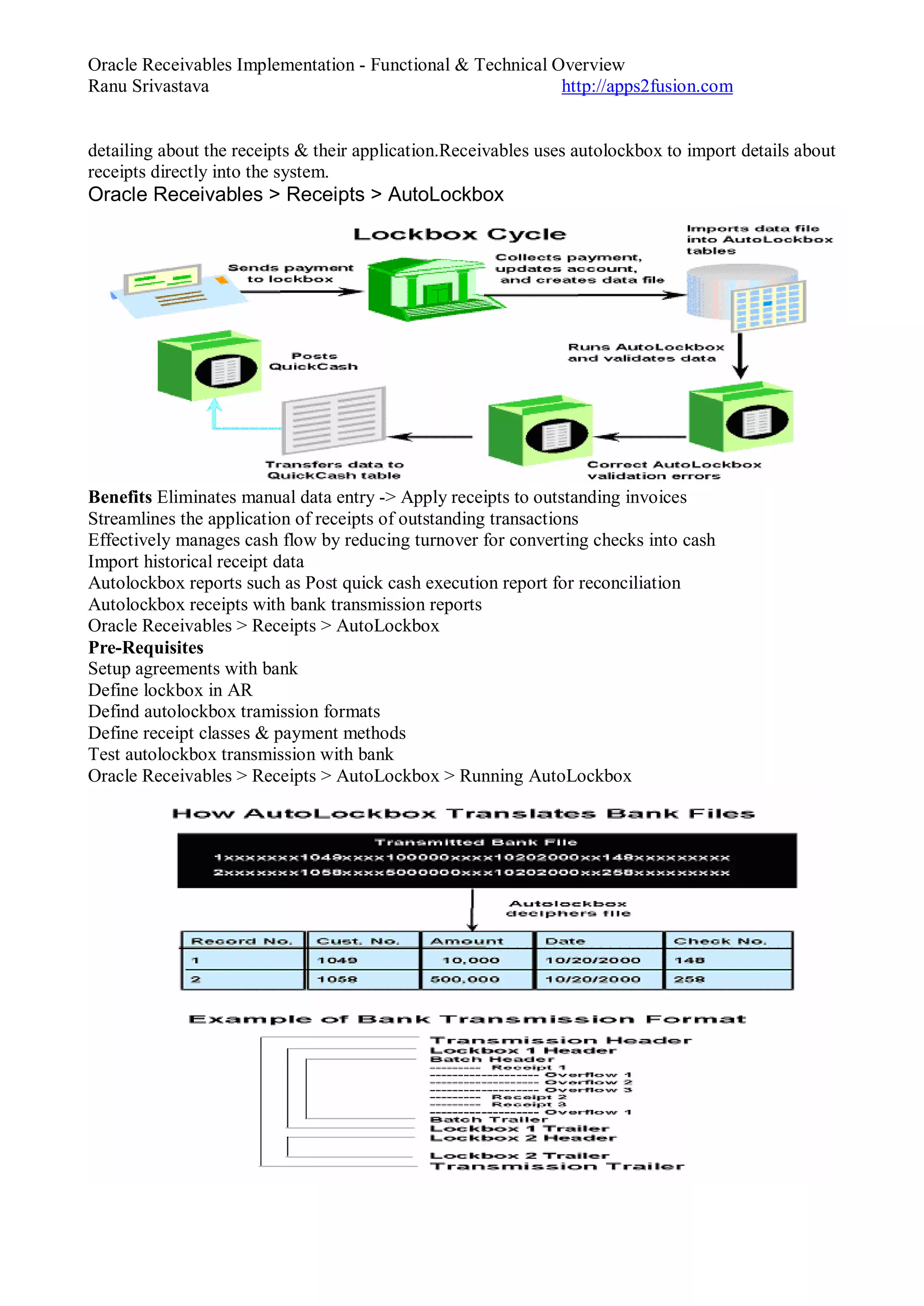 Oracle Receivables Implementation - Functional & Technical Overview
Ranu Srivastava http://apps2fusion.com
detailing about the receipts & their application.Receivables uses autolockbox to import details about
receipts directly into the system.
Oracle Receivables > Receipts > AutoLockbox
Benefits Eliminates manual data entry -> Apply receipts to outstanding invoices
Streamlines the application of receipts of outstanding transactions
Effectively manages cash flow by reducing turnover for converting checks into cash
Import historical receipt data
Autolockbox reports such as Post quick cash execution report for reconciliation
Autolockbox receipts with bank transmission reports
Oracle Receivables > Receipts > AutoLockbox
Pre-Requisites
Setup agreements with bank
Define lockbox in AR
Defind autolockbox tramission formats
Define receipt classes & payment methods
Test autolockbox transmission with bank
Oracle Receivables > Receipts > AutoLockbox > Running AutoLockbox
 