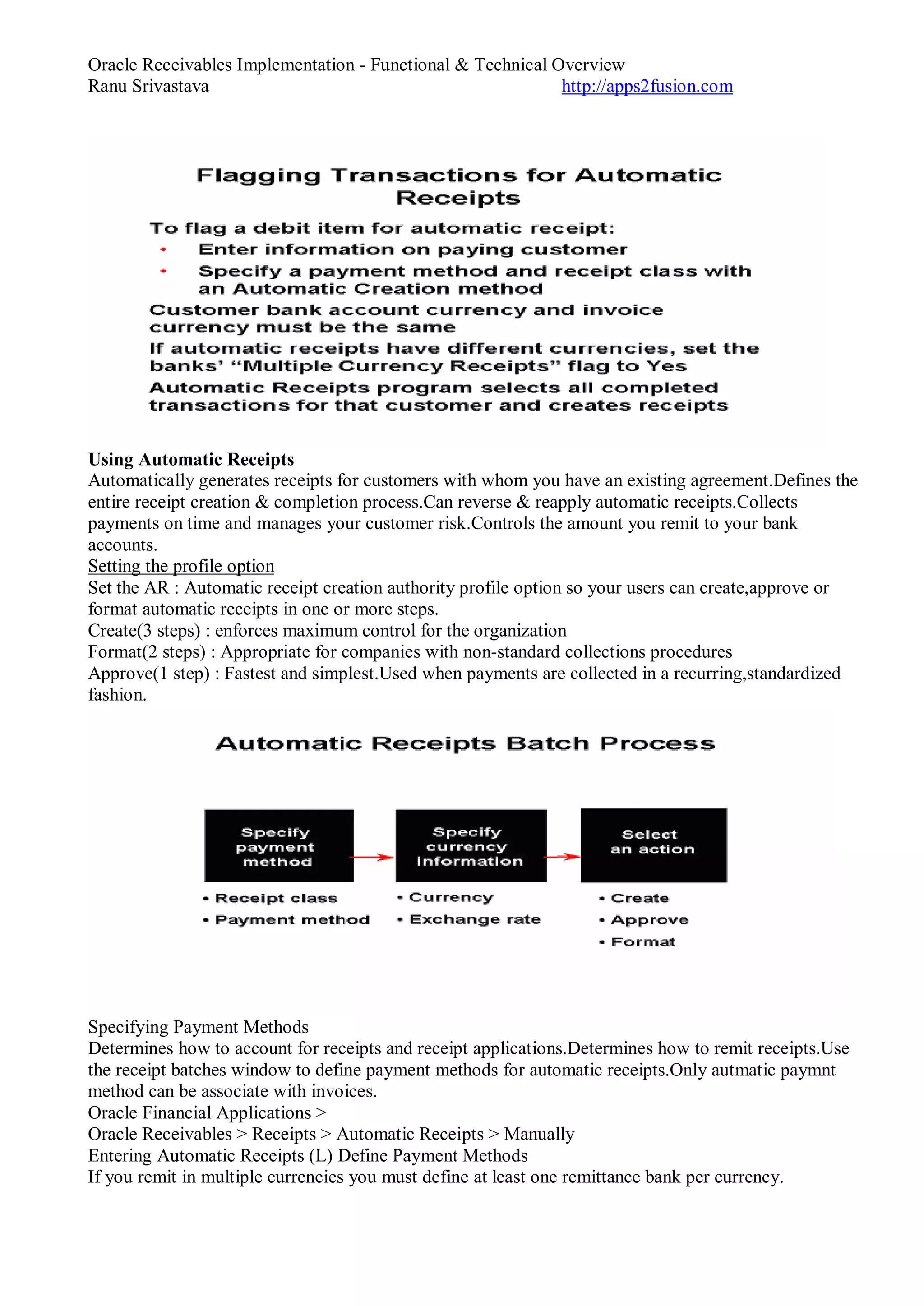 Oracle Receivables Implementation - Functional & Technical Overview
Ranu Srivastava http://apps2fusion.com
Using Automatic Receipts
Automatically generates receipts for customers with whom you have an existing agreement.Defines the
entire receipt creation & completion process.Can reverse & reapply automatic receipts.Collects
payments on time and manages your customer risk.Controls the amount you remit to your bank
accounts.
Setting the profile option
Set the AR : Automatic receipt creation authority profile option so your users can create,approve or
format automatic receipts in one or more steps.
Create(3 steps) : enforces maximum control for the organization
Format(2 steps) : Appropriate for companies with non-standard collections procedures
Approve(1 step) : Fastest and simplest.Used when payments are collected in a recurring,standardized
fashion.
Specifying Payment Methods
Determines how to account for receipts and receipt applications.Determines how to remit receipts.Use
the receipt batches window to define payment methods for automatic receipts.Only autmatic paymnt
method can be associate with invoices.
Oracle Financial Applications >
Oracle Receivables > Receipts > Automatic Receipts > Manually
Entering Automatic Receipts (L) Define Payment Methods
If you remit in multiple currencies you must define at least one remittance bank per currency.
 
