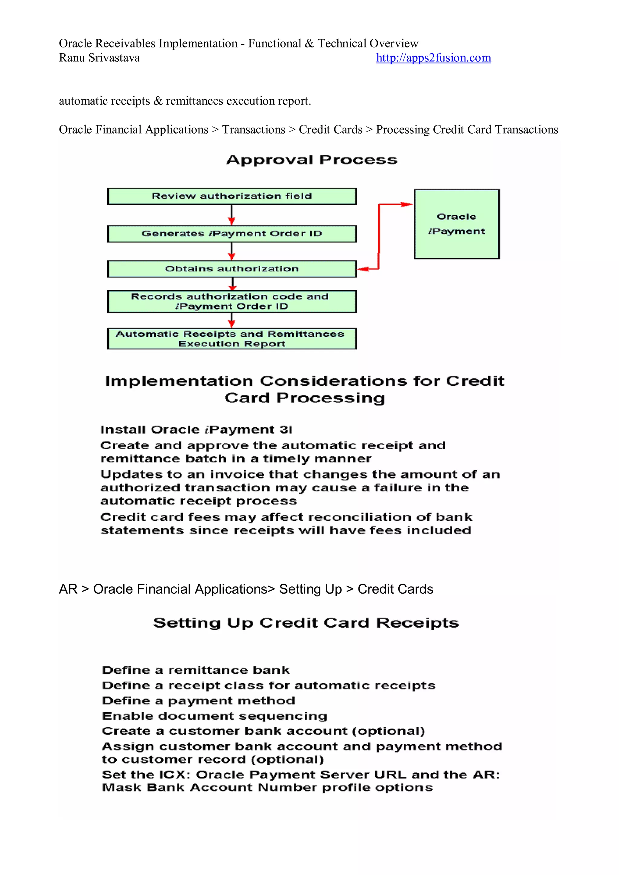 Oracle Receivables Implementation - Functional & Technical Overview
Ranu Srivastava http://apps2fusion.com
automatic receipts & remittances execution report.
Oracle Financial Applications > Transactions > Credit Cards > Processing Credit Card Transactions
AR > Oracle Financial Applications> Setting Up > Credit Cards
 