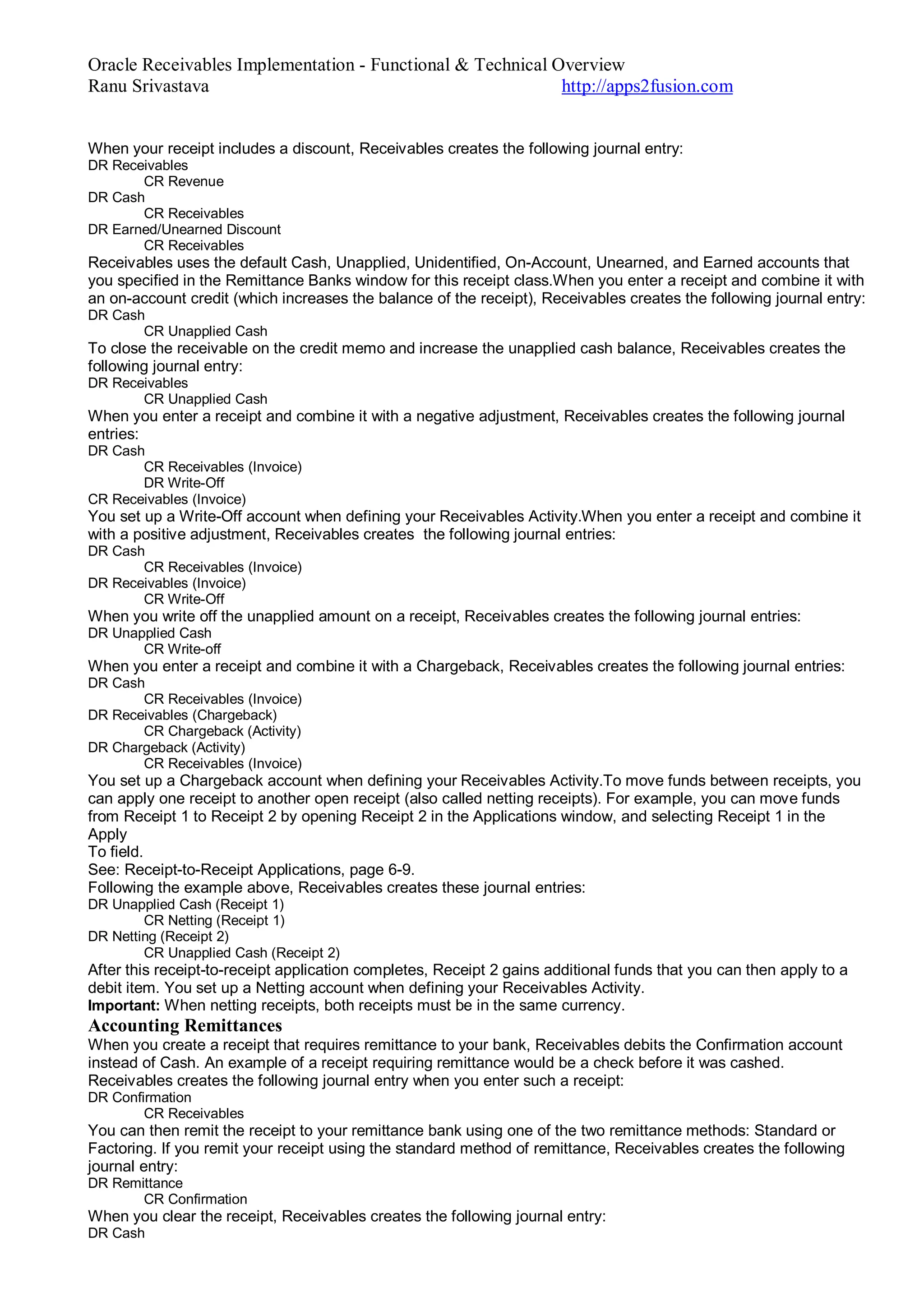 Oracle Receivables Implementation - Functional & Technical Overview
Ranu Srivastava http://apps2fusion.com
When your receipt includes a discount, Receivables creates the following journal entry:
DR Receivables
CR Revenue
DR Cash
CR Receivables
DR Earned/Unearned Discount
CR Receivables
Receivables uses the default Cash, Unapplied, Unidentified, On-Account, Unearned, and Earned accounts that
you specified in the Remittance Banks window for this receipt class.When you enter a receipt and combine it with
an on-account credit (which increases the balance of the receipt), Receivables creates the following journal entry:
DR Cash
CR Unapplied Cash
To close the receivable on the credit memo and increase the unapplied cash balance, Receivables creates the
following journal entry:
DR Receivables
CR Unapplied Cash
When you enter a receipt and combine it with a negative adjustment, Receivables creates the following journal
entries:
DR Cash
CR Receivables (Invoice)
DR Write-Off
CR Receivables (Invoice)
You set up a Write-Off account when defining your Receivables Activity.When you enter a receipt and combine it
with a positive adjustment, Receivables creates the following journal entries:
DR Cash
CR Receivables (Invoice)
DR Receivables (Invoice)
CR Write-Off
When you write off the unapplied amount on a receipt, Receivables creates the following journal entries:
DR Unapplied Cash
CR Write-off
When you enter a receipt and combine it with a Chargeback, Receivables creates the following journal entries:
DR Cash
CR Receivables (Invoice)
DR Receivables (Chargeback)
CR Chargeback (Activity)
DR Chargeback (Activity)
CR Receivables (Invoice)
You set up a Chargeback account when defining your Receivables Activity.To move funds between receipts, you
can apply one receipt to another open receipt (also called netting receipts). For example, you can move funds
from Receipt 1 to Receipt 2 by opening Receipt 2 in the Applications window, and selecting Receipt 1 in the
Apply
To field.
See: Receipt-to-Receipt Applications, page 6-9.
Following the example above, Receivables creates these journal entries:
DR Unapplied Cash (Receipt 1)
CR Netting (Receipt 1)
DR Netting (Receipt 2)
CR Unapplied Cash (Receipt 2)
After this receipt-to-receipt application completes, Receipt 2 gains additional funds that you can then apply to a
debit item. You set up a Netting account when defining your Receivables Activity.
Important: When netting receipts, both receipts must be in the same currency.
Accounting Remittances
When you create a receipt that requires remittance to your bank, Receivables debits the Confirmation account
instead of Cash. An example of a receipt requiring remittance would be a check before it was cashed.
Receivables creates the following journal entry when you enter such a receipt:
DR Confirmation
CR Receivables
You can then remit the receipt to your remittance bank using one of the two remittance methods: Standard or
Factoring. If you remit your receipt using the standard method of remittance, Receivables creates the following
journal entry:
DR Remittance
CR Confirmation
When you clear the receipt, Receivables creates the following journal entry:
DR Cash
 