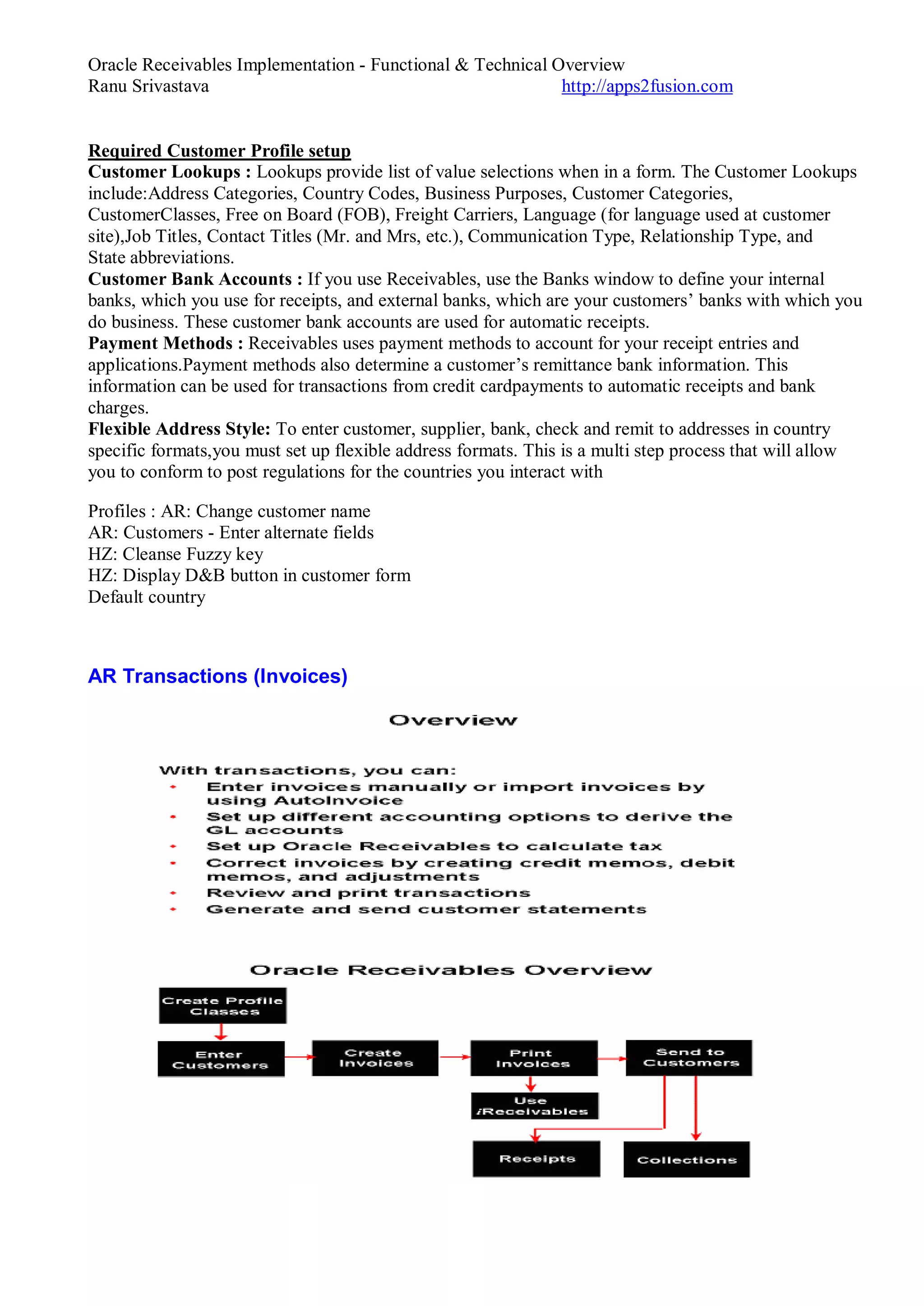 Oracle Receivables Implementation - Functional & Technical Overview
Ranu Srivastava http://apps2fusion.com
Required Customer Profile setup
Customer Lookups : Lookups provide list of value selections when in a form. The Customer Lookups
include:Address Categories, Country Codes, Business Purposes, Customer Categories,
CustomerClasses, Free on Board (FOB), Freight Carriers, Language (for language used at customer
site),Job Titles, Contact Titles (Mr. and Mrs, etc.), Communication Type, Relationship Type, and
State abbreviations.
Customer Bank Accounts : If you use Receivables, use the Banks window to define your internal
banks, which you use for receipts, and external banks, which are your customers’ banks with which you
do business. These customer bank accounts are used for automatic receipts.
Payment Methods : Receivables uses payment methods to account for your receipt entries and
applications.Payment methods also determine a customer’s remittance bank information. This
information can be used for transactions from credit cardpayments to automatic receipts and bank
charges.
Flexible Address Style: To enter customer, supplier, bank, check and remit to addresses in country
specific formats,you must set up flexible address formats. This is a multi step process that will allow
you to conform to post regulations for the countries you interact with
Profiles : AR: Change customer name
AR: Customers - Enter alternate fields
HZ: Cleanse Fuzzy key
HZ: Display D&B button in customer form
Default country
AR Transactions (Invoices)
 