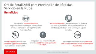 Copyright © 2015 Oracle and/or its affiliates. All rights reserved. | Oracle Confidential - Interna / Restringido / muy restringido 20
Acción
Asignación Inteligente de Datos y Procesos
Dashboards & Reportes
Excepciones y
Alertas
Oracle Retail XBRi para Prevención de Pérdidas
Servicio en la Nube
Gestión por Excepciones
 